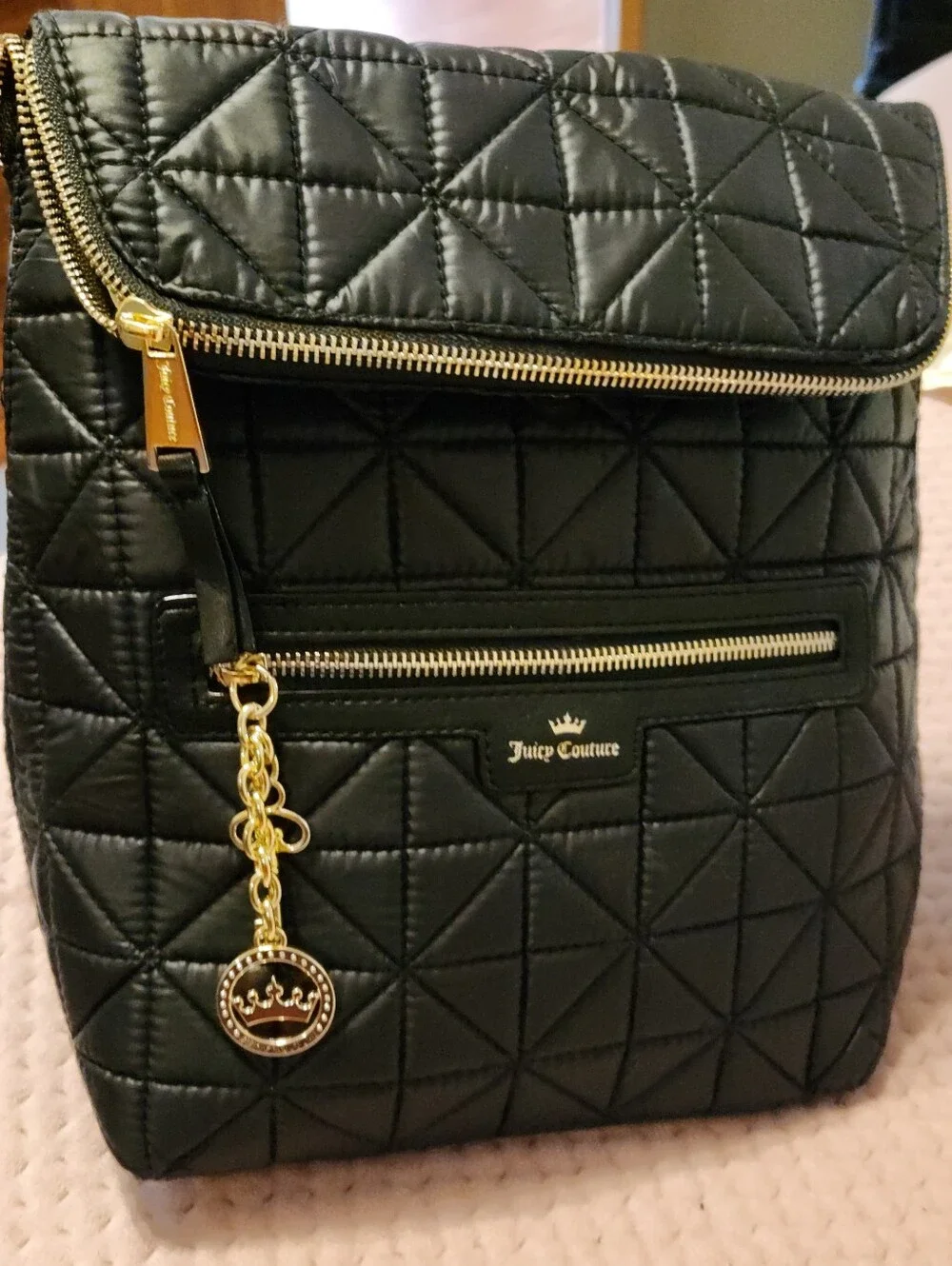 Juicy Couture Black Quilted Small Medium Backpack Purse with Gold Accents